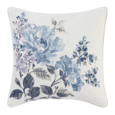 Laura Ashley Bedford Embroidered Blue Cotton Square Throw Pillow