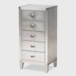 Carrel Metal 5 Drawer Accent Chest Silver - Baxton Studio: Sturdy Bedroom Storage with Rivet Accents - 1 of 4