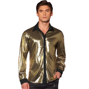 Lars Amadeus Men's Long Sleeves Button Down Party Disco Glitter Metallic Shirt - 1 of 4