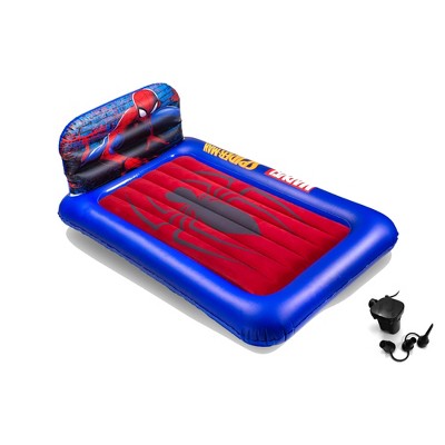 Living iQ Inflatable Portable Small Travel Size Kids Toddler Sleeping Blow Up Air Bed Mattress with Electric Pump and Headboard, Marvel Spiderman