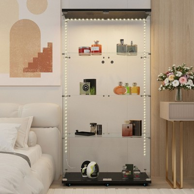 VYNXARIA Tempered Glass Display Cabinet,Storage Cabinet,Door Locks,Adjustable Feet for Uneven Ground,Black