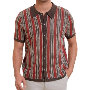 INSPIRE CHIC Men's Striped Knitted Summer Short Sleeves Button Down Jacquard Polo Shirts - 1 of 4