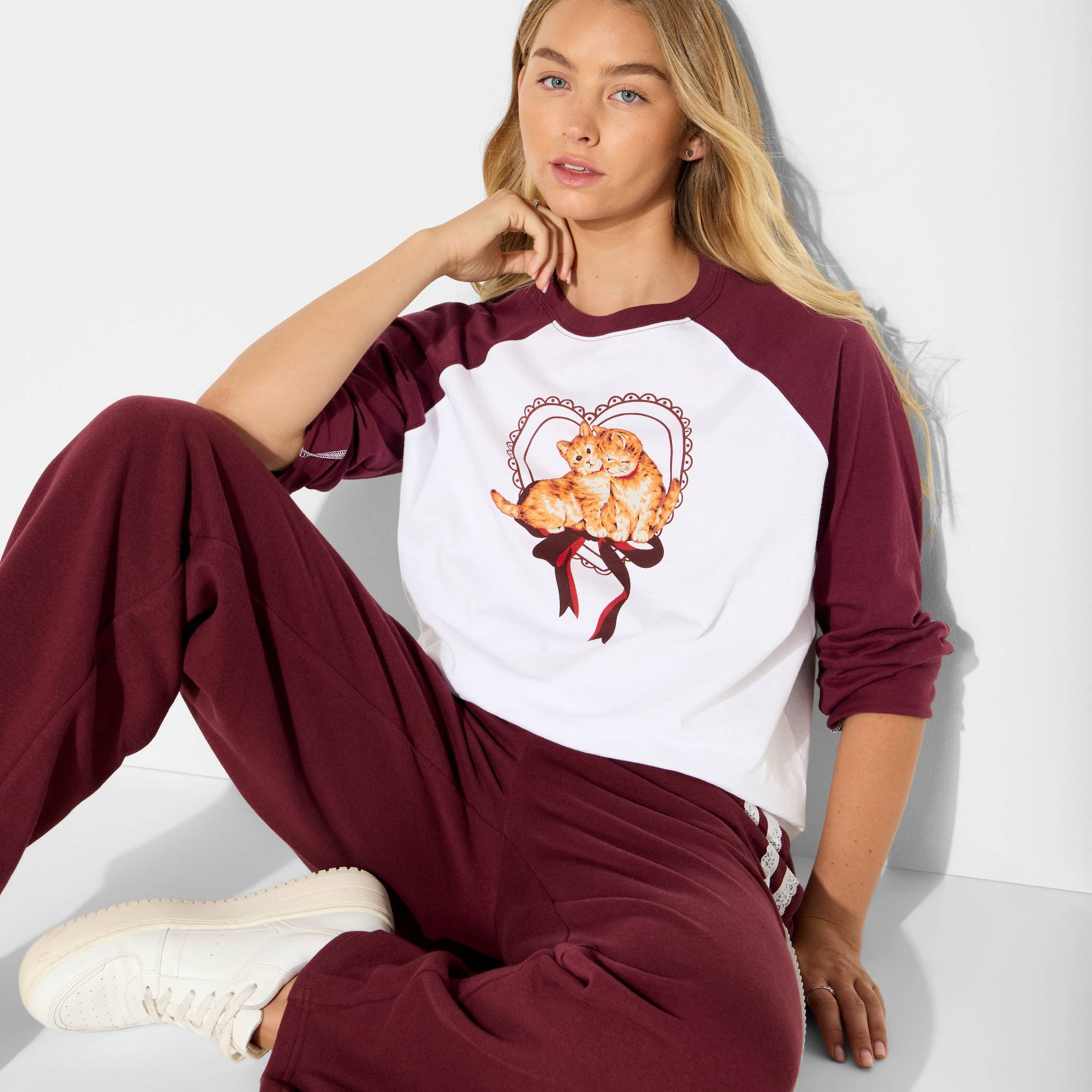 Women's Too Cute to Care Raglan Long Sleeve Graphic T-Shirt - White