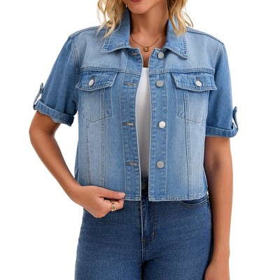 INSPIRE CHIC Women's Turndown Collar Short Sleeve Button Denim Jacket