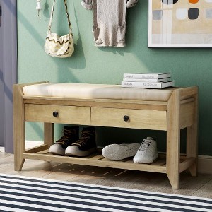 PAGED Storage Ottoman Bench with Beige Cushion, Wooden Ottoman with Storage -Drawers & Shoe Rack, Multipurpose Entryway Bench, Shoe Storage Bench - 1 of 4