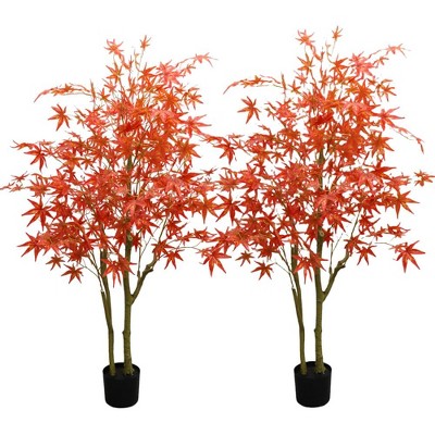 2Pack Autumn Maple Artificial Fall Tree,Faux Red Maple Leaves Silk Maple Tree  with Planter for Thanksgiving Harvest Fall Festival Party Home Decor