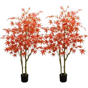 2Pack Autumn Maple Artificial Fall Tree,Faux Red Maple Leaves Silk Maple Tree  with Planter for Thanksgiving Harvest Fall Festival Party Home Decor - 1 of 4