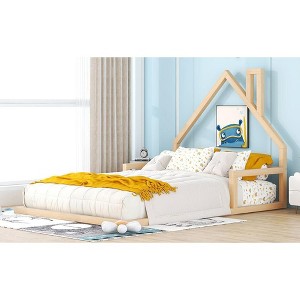 Grungis Full Size Floor Bed for Kids,Modern Toddler Bed with House-shaped Headboard and Guardrails,Montessori Bed for Bedroom - 1 of 4