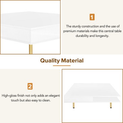Anybear Exquisite High Gloss White Coffee Table with 4 Golden Legs and 2 Small Drawers