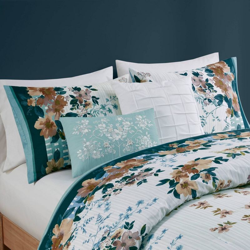 Madison Park 5pc Everly Cotton Floral Comforter Bedding Set with Throw Pillows Teal Blue, 5 of 13