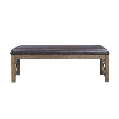 Raphaela 56" Black Faux Leather and Weathered Cherry Bench