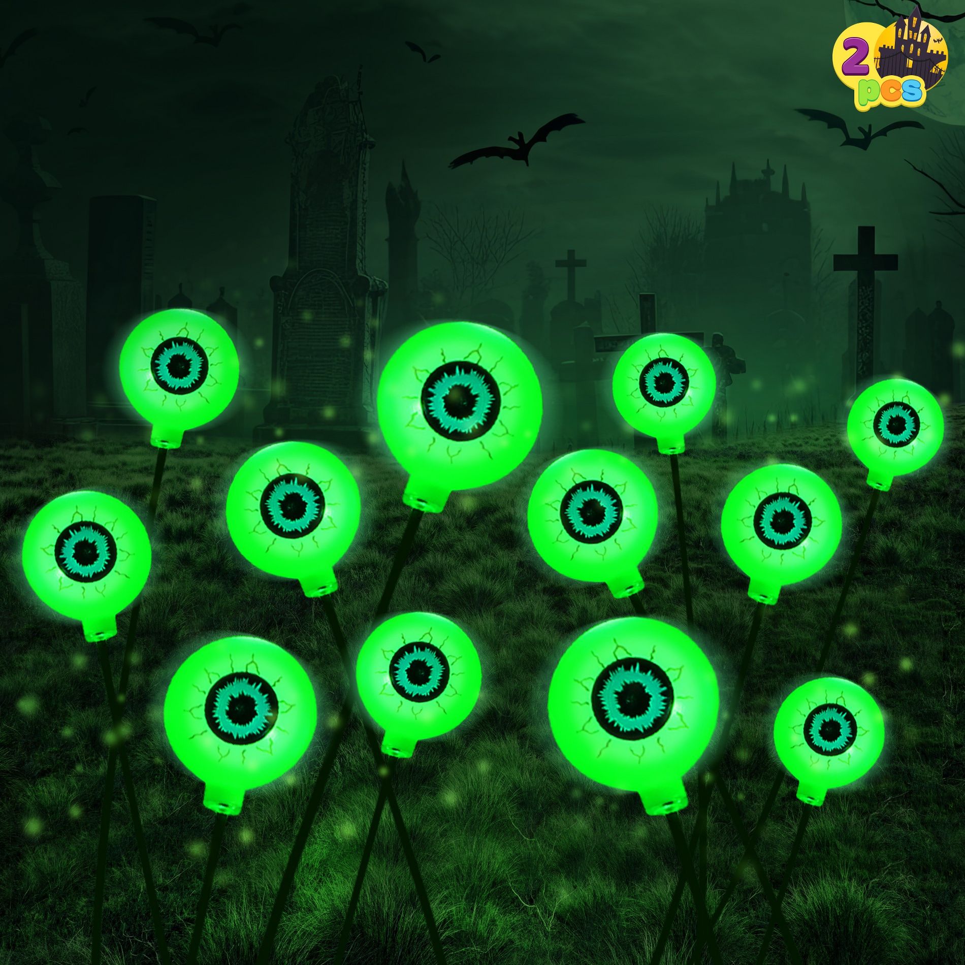 Joyfy Eyeball Yard Stake Outdoor Halloween Decorations, Garden Stake LED Light, Waterproof Stake Decor Light for Halloween (Green), 2 Pack