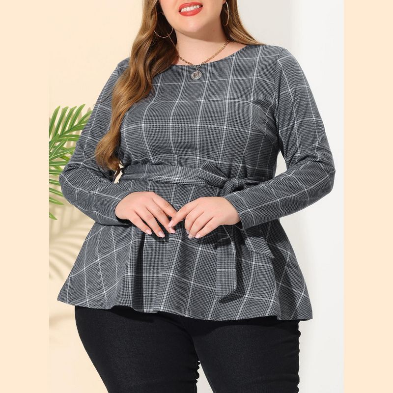 Agnes Orinda Women's Plus Size Houndstooth Formal Outfits Plaid Tie Waist Workwear Blouses, 3 of 7