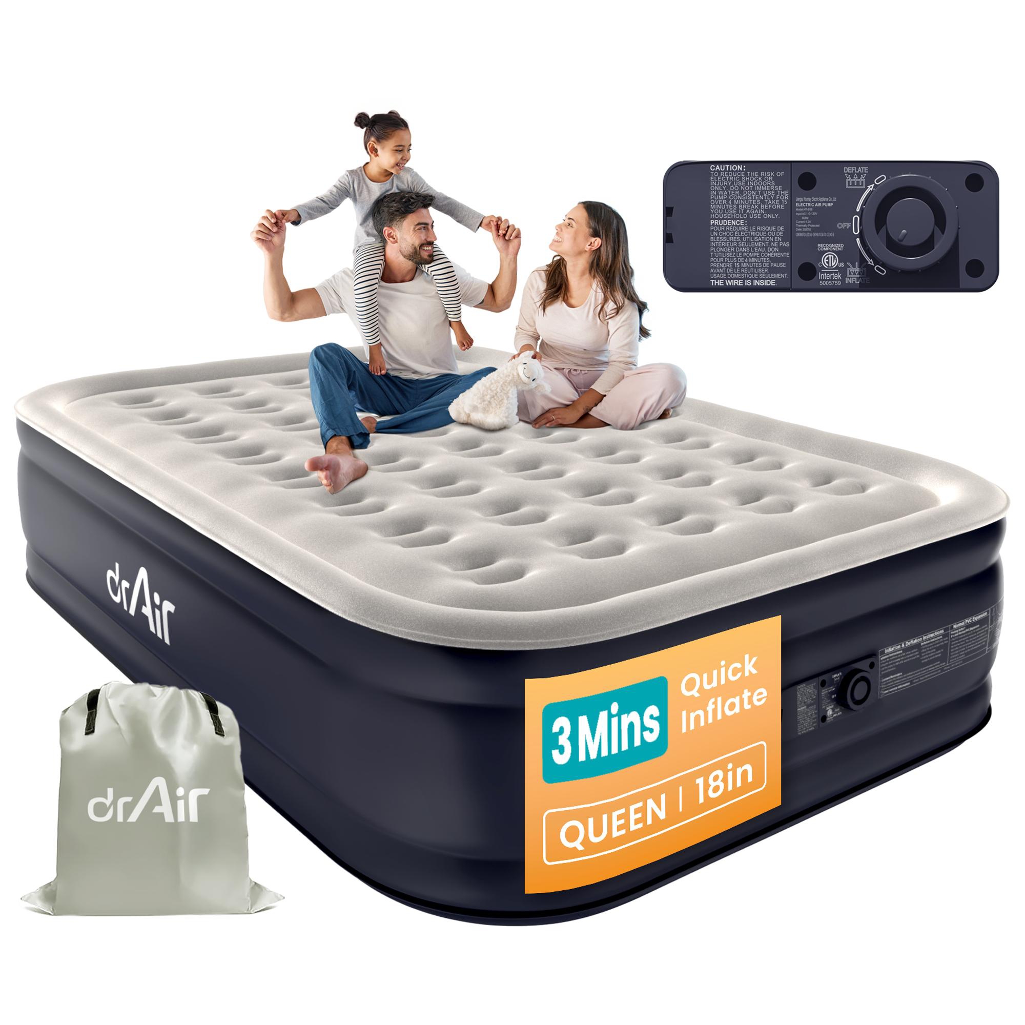Dr. Air 18” Queen Air Mattress with Build in Pump, Waterproof Velvety Top, 18" Raised Air Bed with Carry Bag for Home, Guests, Camping Use