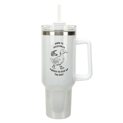 Elanze Designs 40 Ounce Travel Tumbler With Straw and Lid Stainless Steel Double Wall Insulated Born To Dilly Dally White Glitter