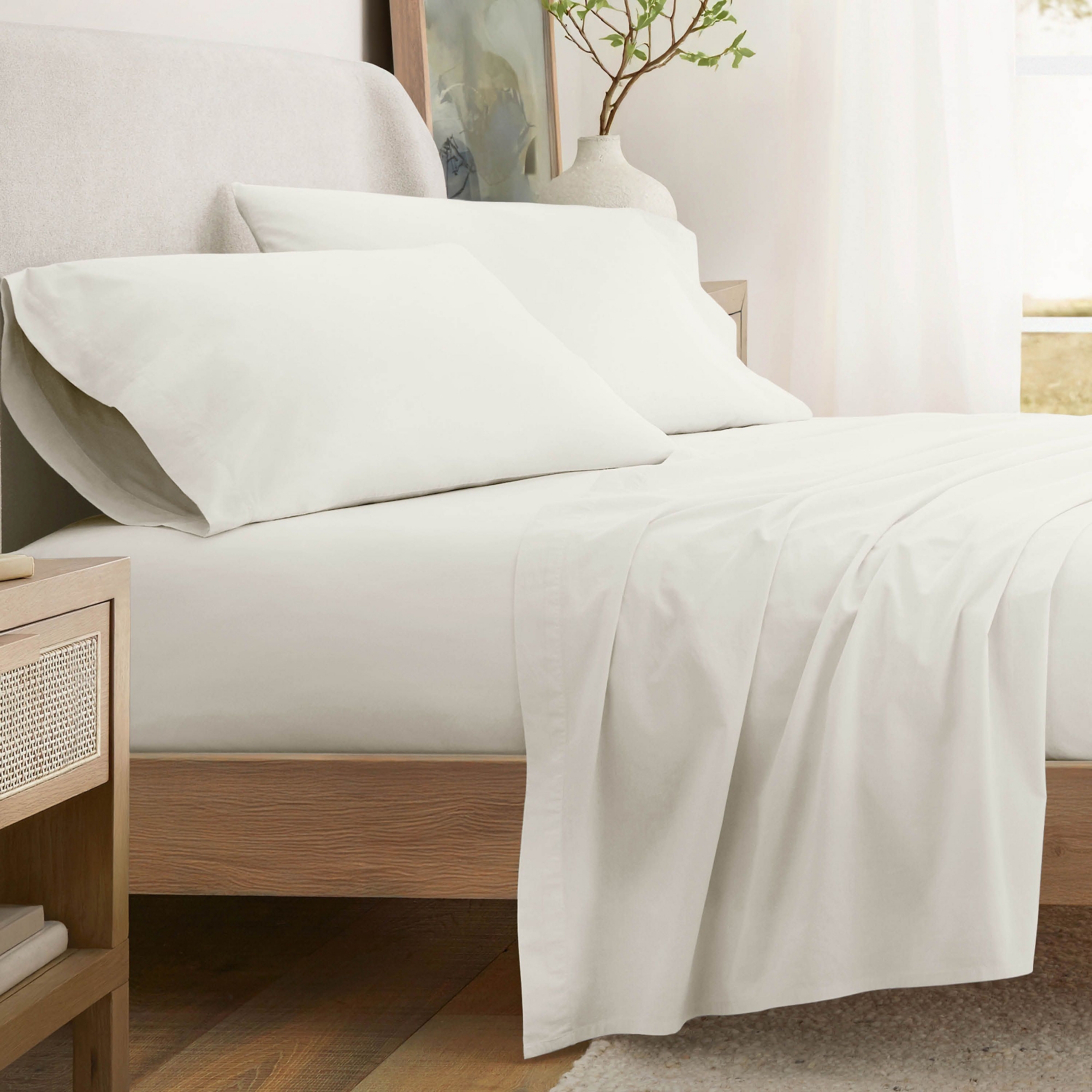 100% Percale Cotton 4PC Sheet Set, Brushed & Pre-Washed Bedding for Softness & Comfort - Becky Cameron, Ivory, Queen
