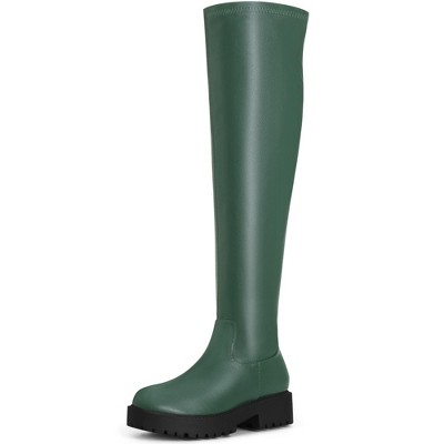 BLISSFUL STEP Women's Platform Round Toe Lug Sole Chunky Low Heel Over Knee High Boots
