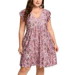 Clearlove Womens Womens Plus Size Casual V Neck Dress V Neck Loose Swing Ruffle Summer Boho Midi Dress with PocketsCasual Dress - 1 of 4