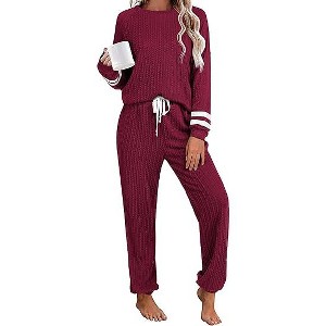 Ekouaer Lounge Sets for Women Ribbed Knit Outfits Pajamas Sets 2 Piece Long Sleeve Sweatsuits with Pockets - 1 of 4