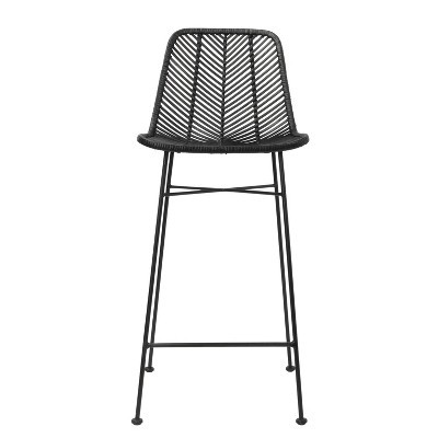 Tropical Chic Black Rattan and Metal High-Back Bar Stool