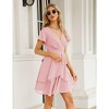 Clearlove Womens Skater Dresses V Neck Short Sleeve Tie Waist Solid Ruffle Boho Flowy Swing Mini Dress - 4 of 4