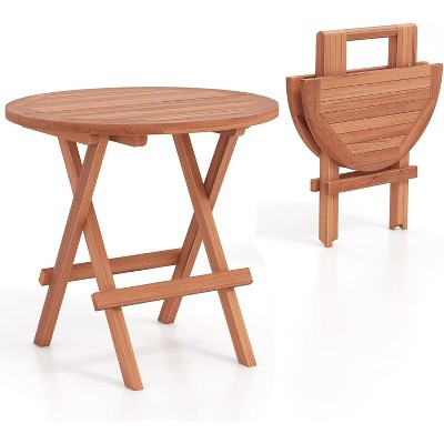 Tangkula Table Indonesia Teak Wood Round Slatted Tabletop Portable Camping Folding Side Patio