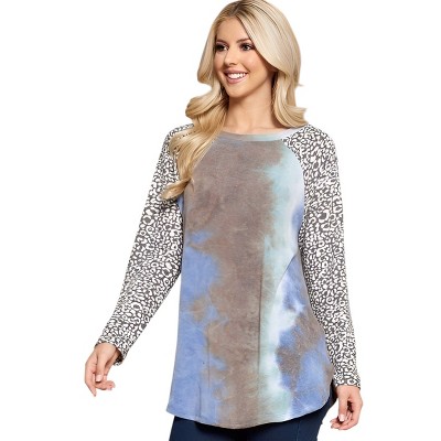 Slickblue Women's Plus Size French Terry Top, Tie Dye Color Block Style, Animal Print Accent, Blue/Grey, 1XL-3XL