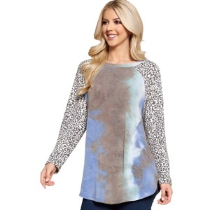 Slickblue Women's Plus Size French Terry Top, Tie Dye Color Block Style, Animal Print Accent, Blue/Grey, 1XL-3XL - 1 of 4