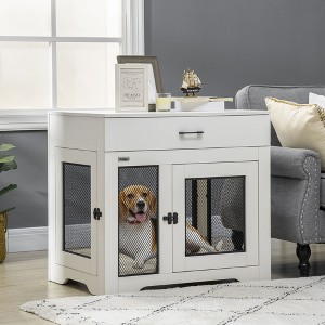 Angel Sar White Dog Crate End Table with Cushion & Drawer, 2-Door Indoor Kennel for Small Medium Dogs up to 44 lbs - 1 of 4
