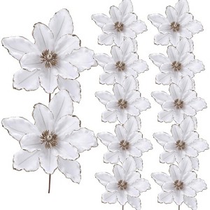 Christmas Decorations, Artificial Poinsettia 12 Pcs 12 in Large White - Glitter Fake Xmas Magnolia Flowers with Stems, Floral Picks for Tree, Wreath - 1 of 4