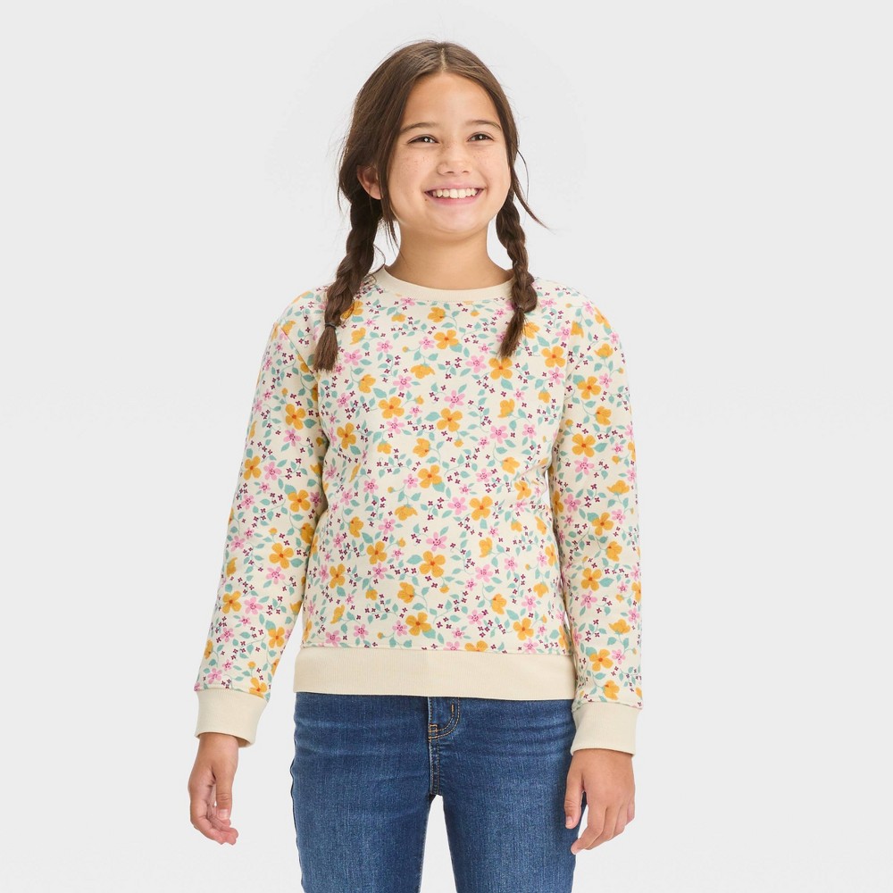 Girls' Crewneck Fleece Floral Pullover Sweatshirt - Cat & Jack™ Ivory L