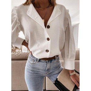 Women's Stylish Button - Down Blouse with Ruffle Detailing, Chic and Versatile Top for Casual and Semi - Formal Occasions - 1 of 2