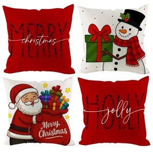 Christmas Pillow Covers 18x18 inch Set of 4, Holiday Winter Indoor Red Vintage Xmas White Snowman Burgundy - 1 of 4