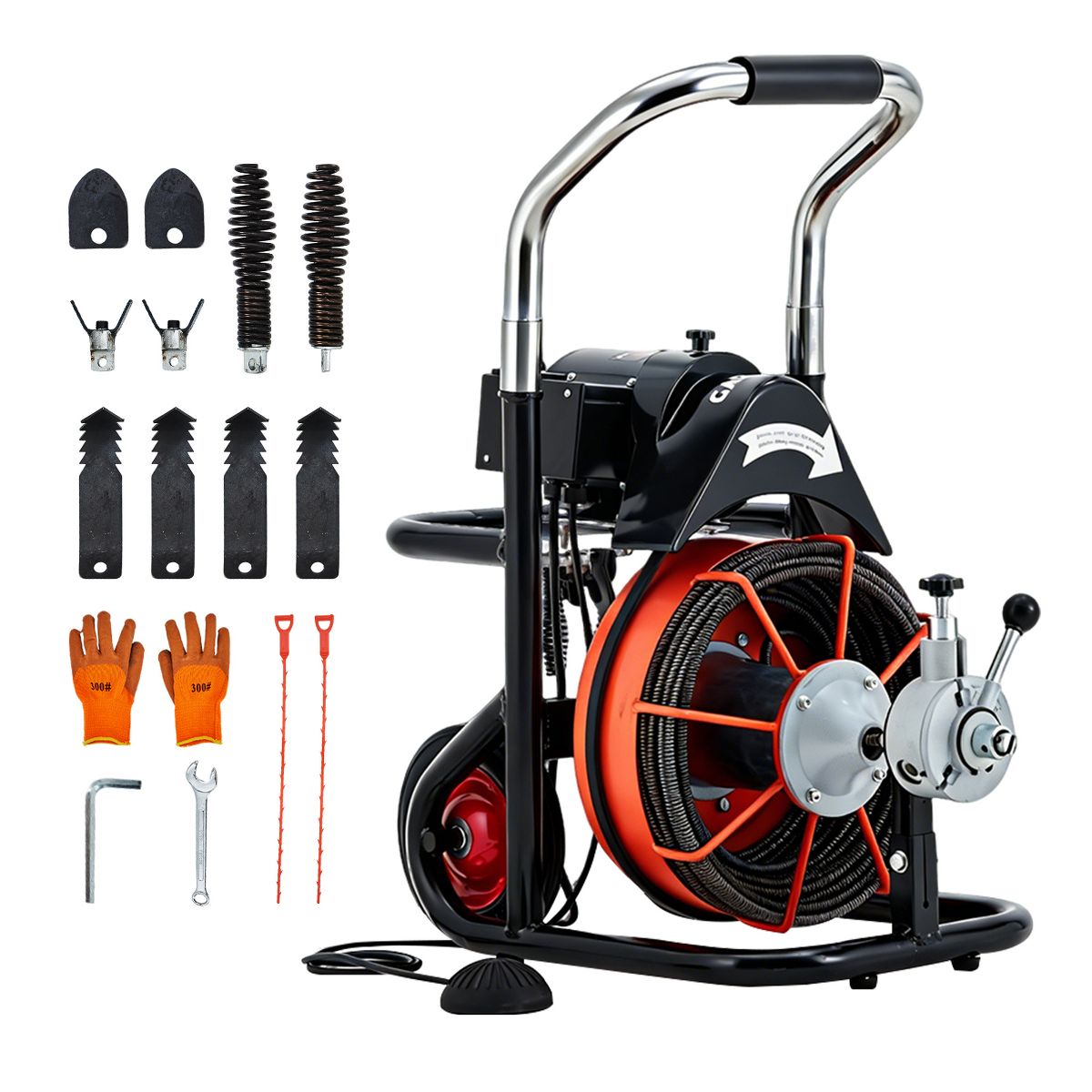 100FT x 1/2 Inch Electric Drain Cleaning Machine, 450W Auto Feed Sewer Snake with 10 Cutters and Foot Switch, Carbon Steel, Ships in 2 Boxes
