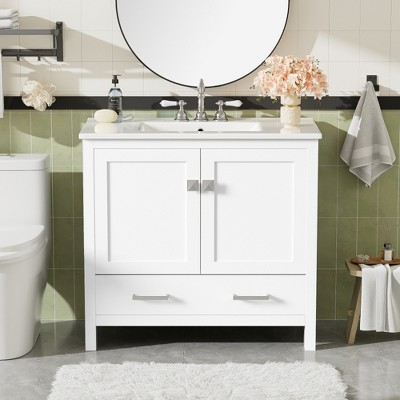 ALEXOUN Bathroom Vanity with Ceramic Sink,Wood Floor Standing Bathroom Vanity Cabinet with Double-Layered Storage Shelves & Divided Drawer