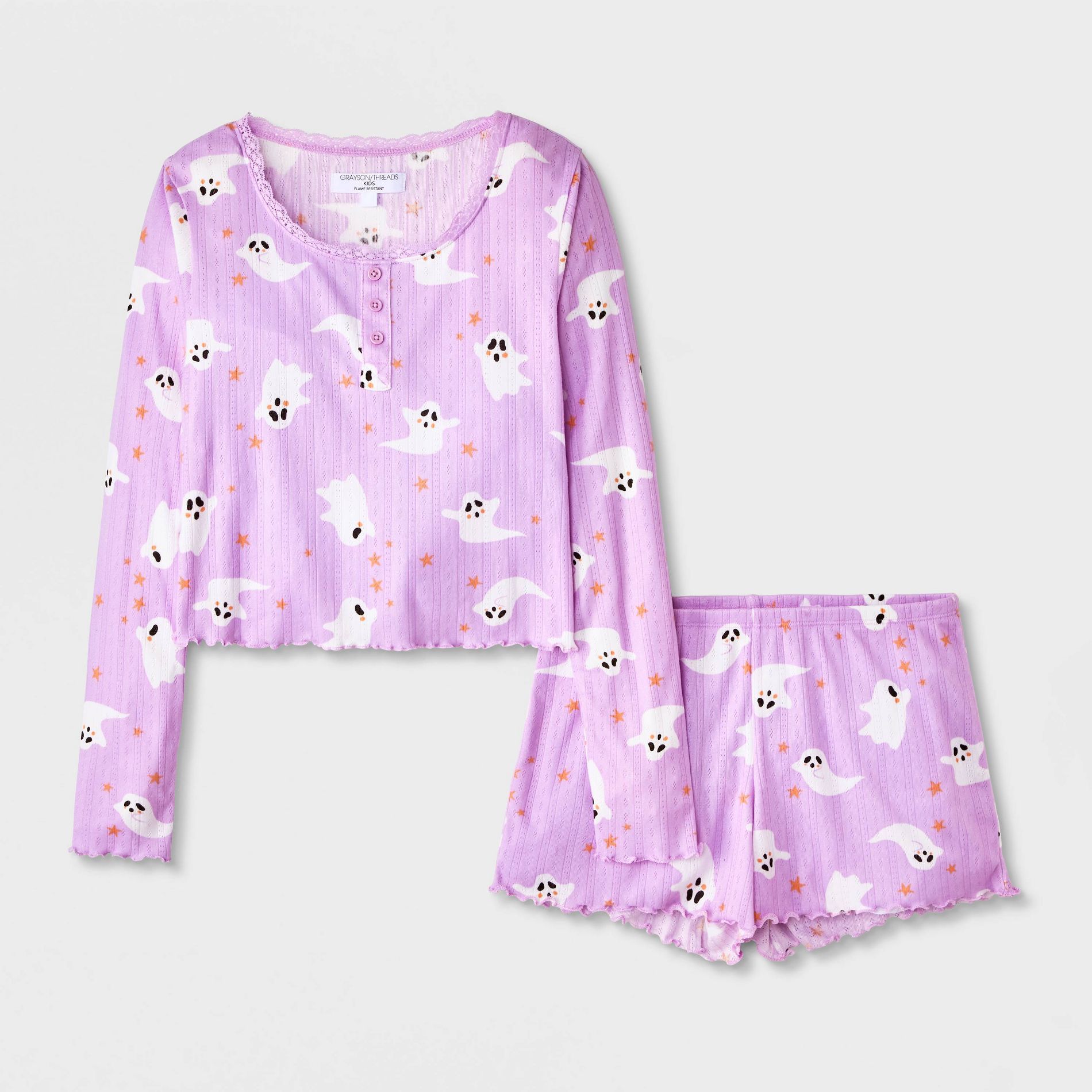 Girls' 2pc Grayson Threads Kids Halloween Ghost Long Sleeve and Pointelle Pajama Set - Purple