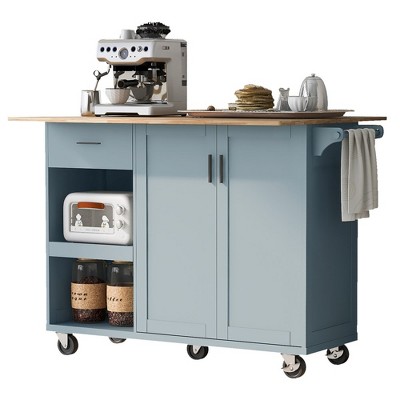 55.7'' Large Kitchen Island with Power Outlet,2 Drop Leaf,Rolling Kitchen Cart on 5 Wheels, Spice & Towel Rack for Kitchen, Dining Room