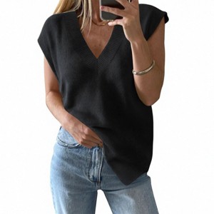 Womens V Neck Sweater Vest Trendy Cap Sleeve Sweater Winter Pullover Sweater Vest Sleeveless Knit Tops - 1 of 4
