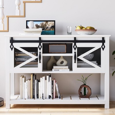 Farmhouse Entryway Table with Sliding Barn Doors, Sofa Table with Storage and Open Shelf