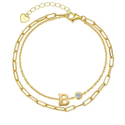 Molenia Initial Bracelet for Women, 925 Sterling Silver 14K Gold Plated Dainty Layered Stackable Paperclip Letter Jewelry Gifts for Wife Mom