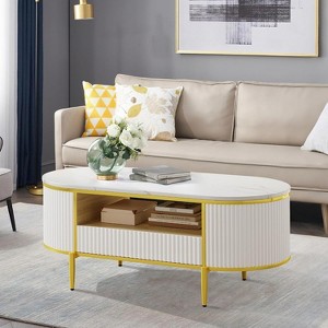 Homhougo Modern Fluted Coffee Table, 48" Modern Oval Coffee Table with Drawer, Faux Marble Top, Curved Profile Center Table with Storage, White - 1 of 4