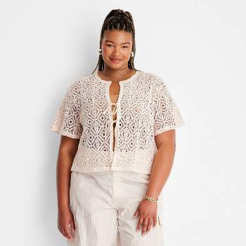 Women's Short Sleeve Tie-Front Crochet Shirt - Future Collective™ with Alani Noelle Tan 2X