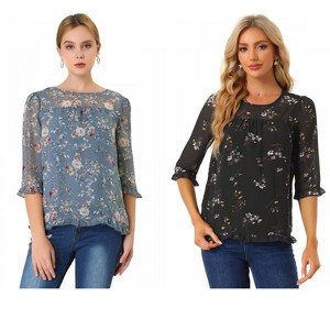 Allegra K Women's Round Neck Ruffle 3/4 Sleeve Floral Print Chiffon Blouse 2 Pcs - 1 of 4