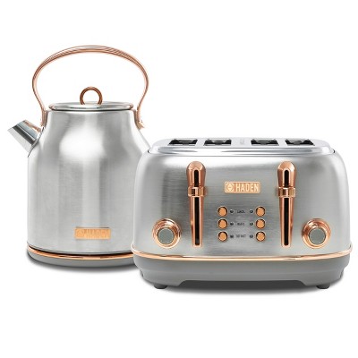 Haden Heritage 4 Slice Wide Slot Stainless Steel Toaster Bundled with 1.7 Liter Stainless Steel Electric Water Kettle, Steel & Copper