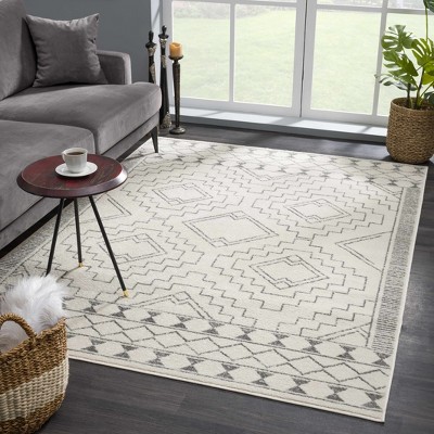 Ivory and Gray Geometric Medium Pile Runner Rug