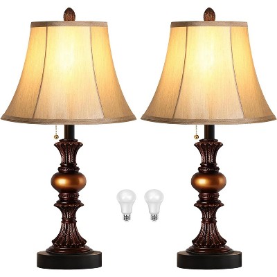 ROTTOGOON 22" Table Lamps Vintage Traditional Dual USB Charging Ports 3-Way Dimmable Bell Shape Faux Silk Shade 2-Pack
