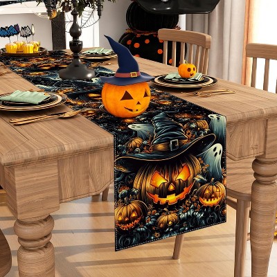 Hachikiko Halloween Black Pumpkins Ghost Table Runner (100% Polyester) Seasonal Fall Kitchen Dining Decor for Home Party