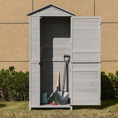 Light Gray Fir Wood Outdoor Storage Shed with Shelves