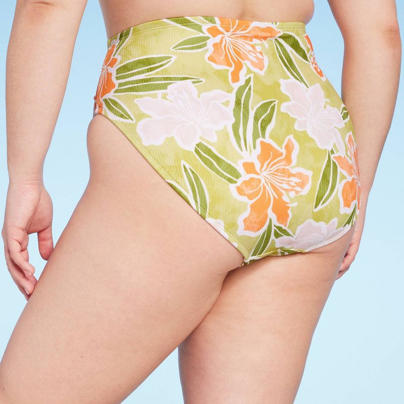 Women's Ribbed High Waist High Leg Medium Coverage Bikini Bottom - Shade & Shore™ Lime Green Floral Print, 2 of 4