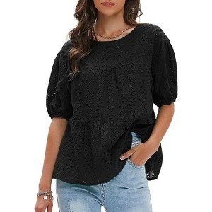 EXLURA Women's Summer Tops Dressy Casual Short Lantern Sleeve Shirts Crew Neck Hollow Out Lace Embroidered Blouses Shirts - 1 of 4